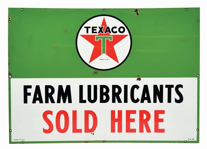 TEXACO FARM LUBRICANTS SOLD HERE PORCELAIN SIGN. 