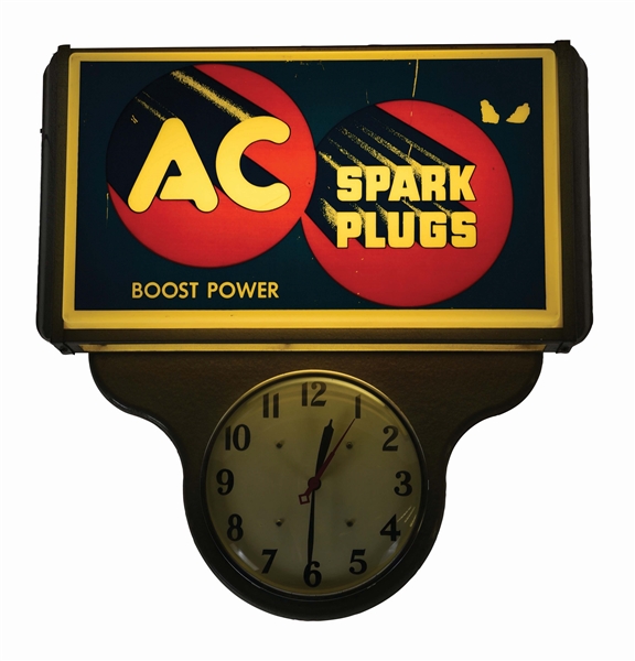 AC SPARK PLUGS PLASTIC FACE SERVICE STATION LIGHT UP CLOCK.