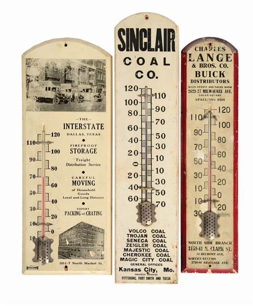 LOT OF 3: WOODEN ADVERTISING THERMOMETERS. 