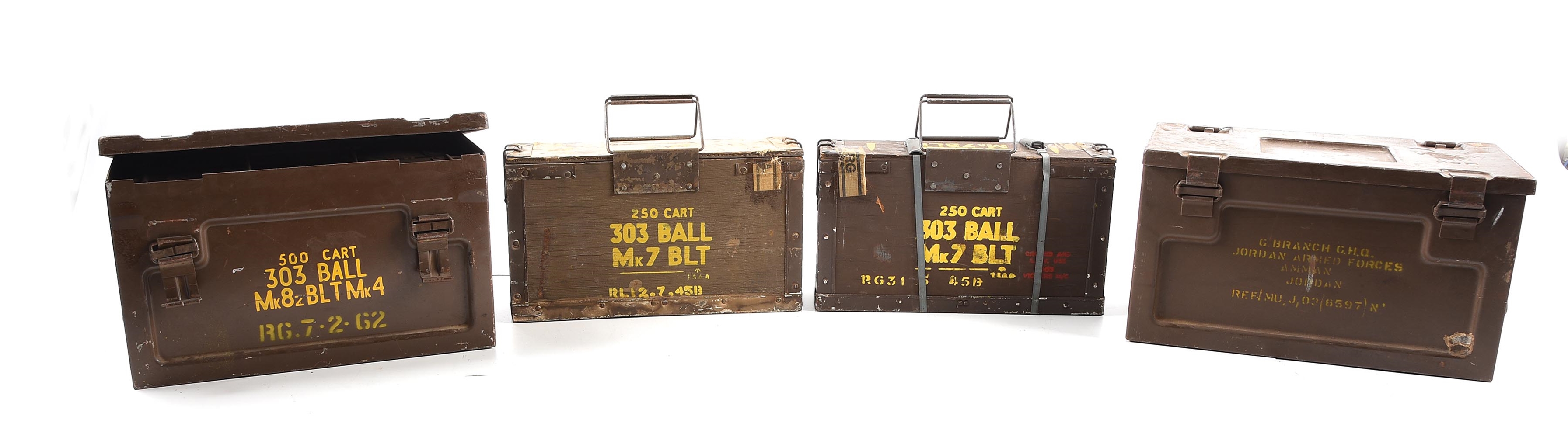 LOT OF 6: 6 WOOD AMMO CRATES OF 3000 ROUNDS OF .303 BRITISH MILITARY AMMUNITION, DATED BETWEEN 1945 AND 1962. 4 IN METAL CARRY CRATES.