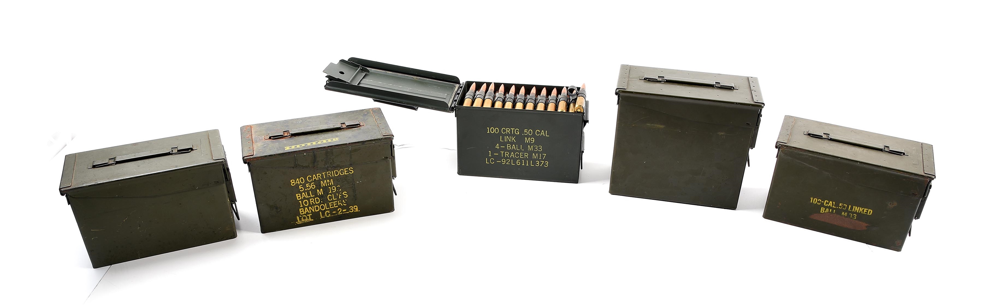 LOT OF 5: FIVE METAL AMMO CANS OF .50 BMG AMMUNITION, APPROXIMATELY 500 ROUNDS.