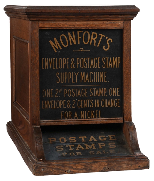 5¢ MONFORTS ENVELOPE AND POSTAGE STAMP SUPPLY MACHINE.