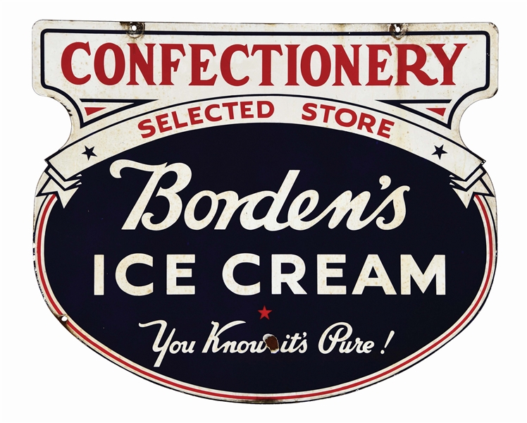 BORDENS ICE CREAM DIE CUT PORCELAIN SIGN W/ CONFECTIONERY PRIVILEGE PANEL. 