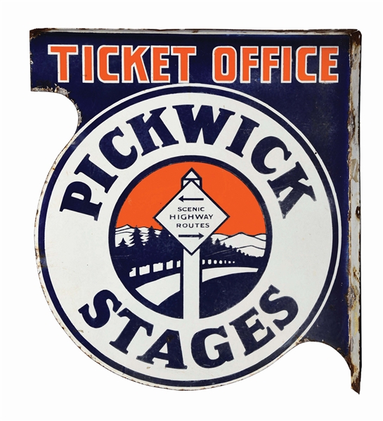 RARE PICKWICK STAGES TICKET OFFICE PORCELAIN FLANGE SIGN W/ HIGHWAY GRAPHIC. 