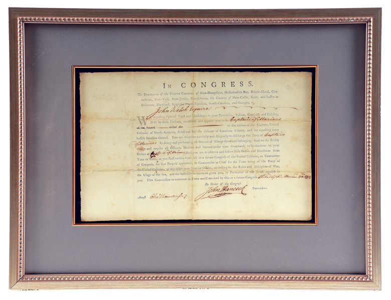 UNIQUE, JOHN HANCOCK-SIGNED, 1775 CONTINENTAL MARINE OFFICERS COMMISSION.