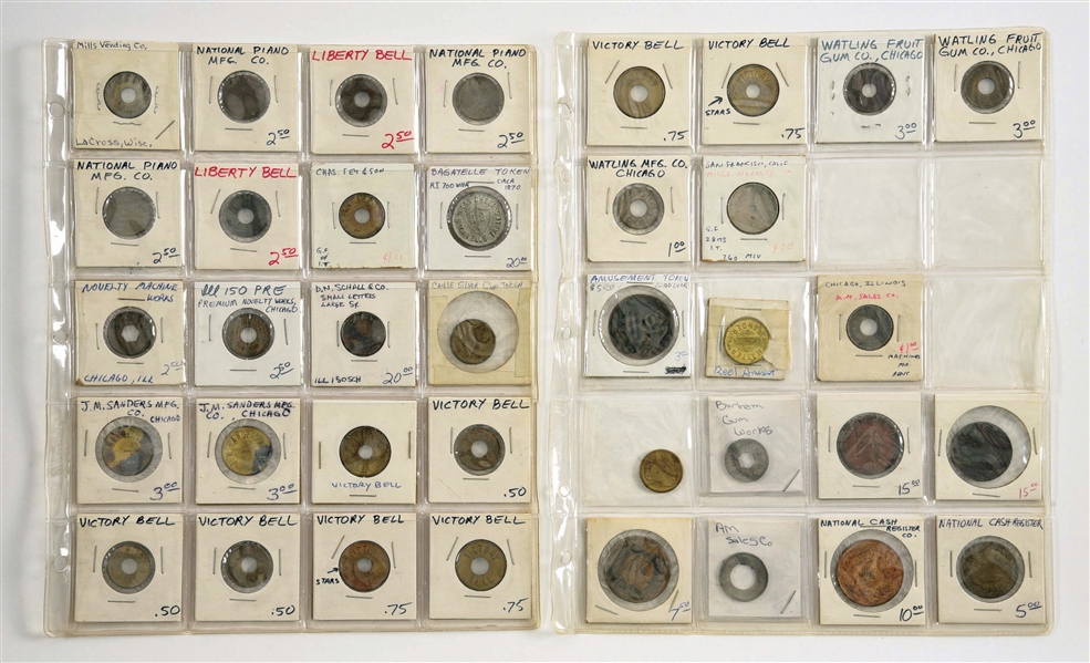 AN ASSORTMENT OF COIN-OPERATED MACHINE TOKENS AND TRADE CHECKS.