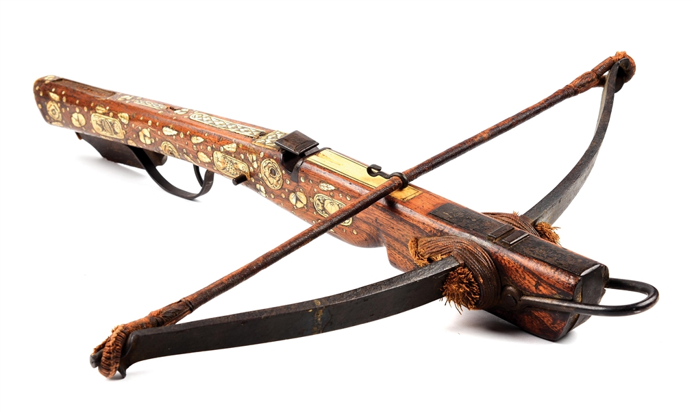 AN ATTRACTIVE STAGHORN INLAID GERMAN CROSSBOW, WITH PATTERNS OF FRUITS AND FLORALS WITH INTERWEAVING TENDRILS.