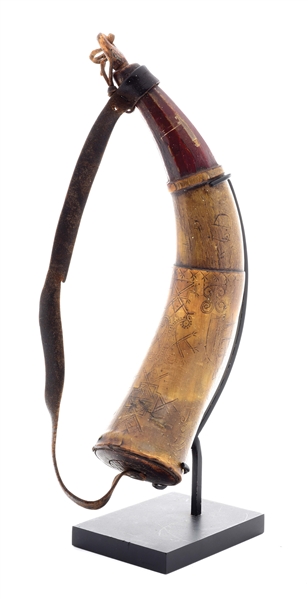 ENGRAVED PENOBSCOT INDIAN POWDER HORN WITH STAND.