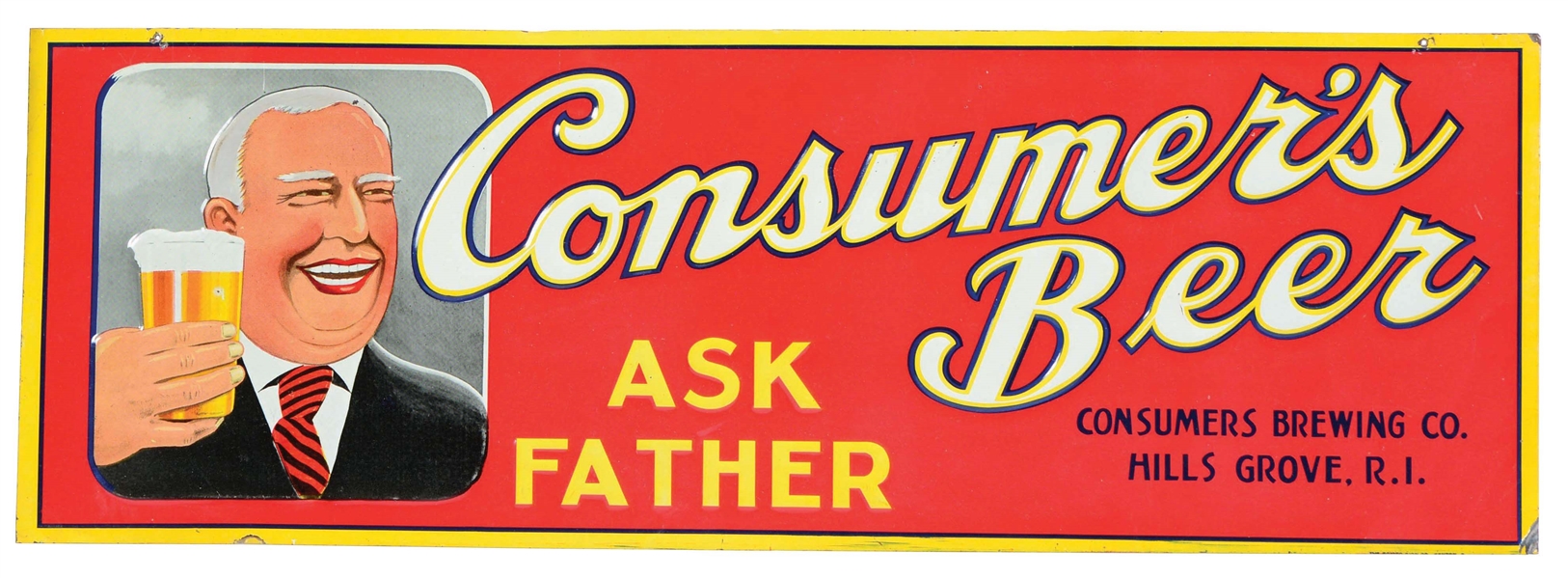 EMBOSSED TIN CONSUMERS BEER SIGN.