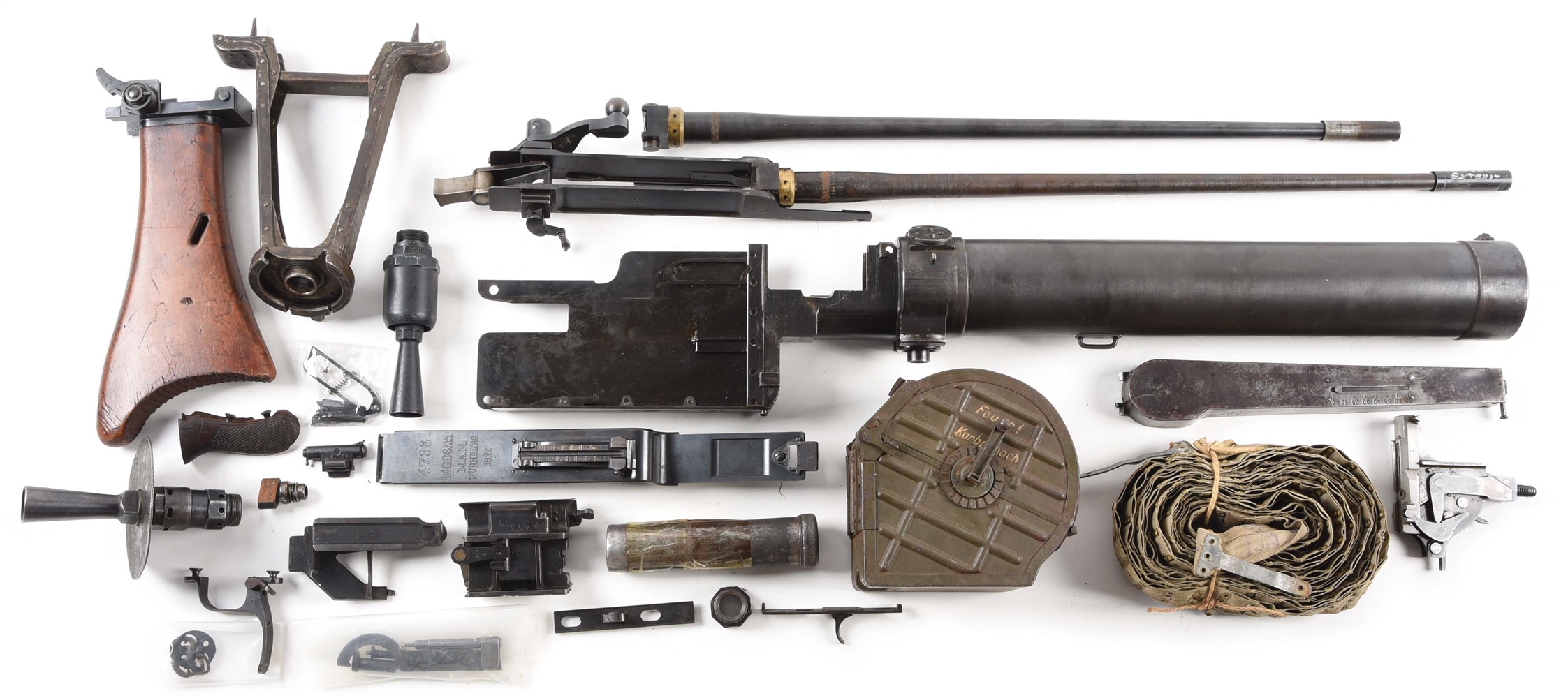 VERY NICE & NEARLY COMPLETE MAXIM MG 08/15 MACHINE GUN PARTS KIT WITH DESIRABLE ASSORTMENT OF ADDITIONAL SPARE PARTS.