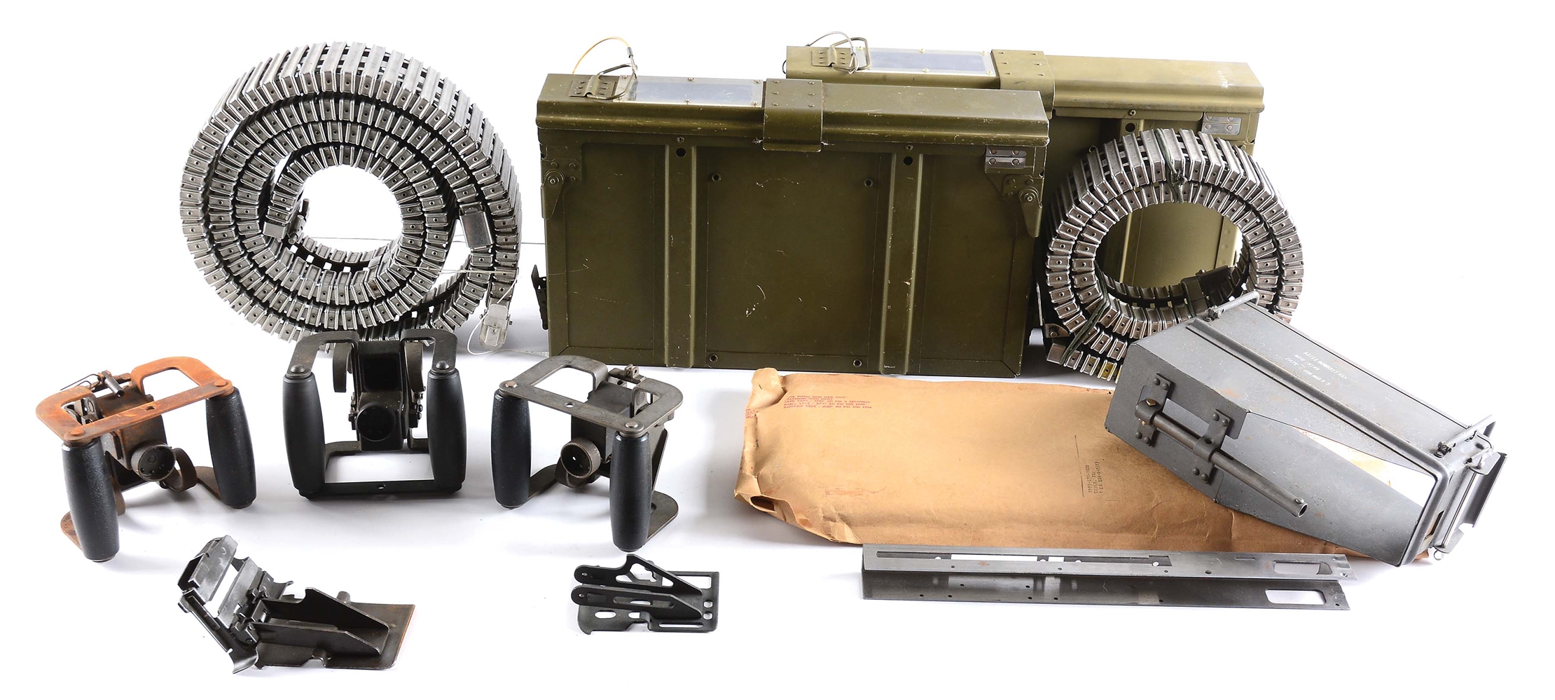 VALUABLE U.S. M60 MACHINE GUN PARTS WITH HELICOPTER MOUNTING EQUIPEMENT FOR MOUNTING THE M60 MACHINE GUN TO VIET NAM ERA HELICOPTER INCLUDING CHUTES AND ADAPTERS