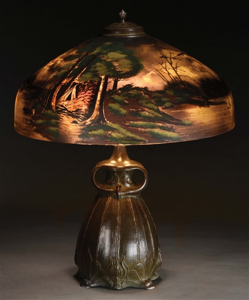 PITTSBURGH INDIAN ENCAMPMENT REVERSE PAINTED LAMP.