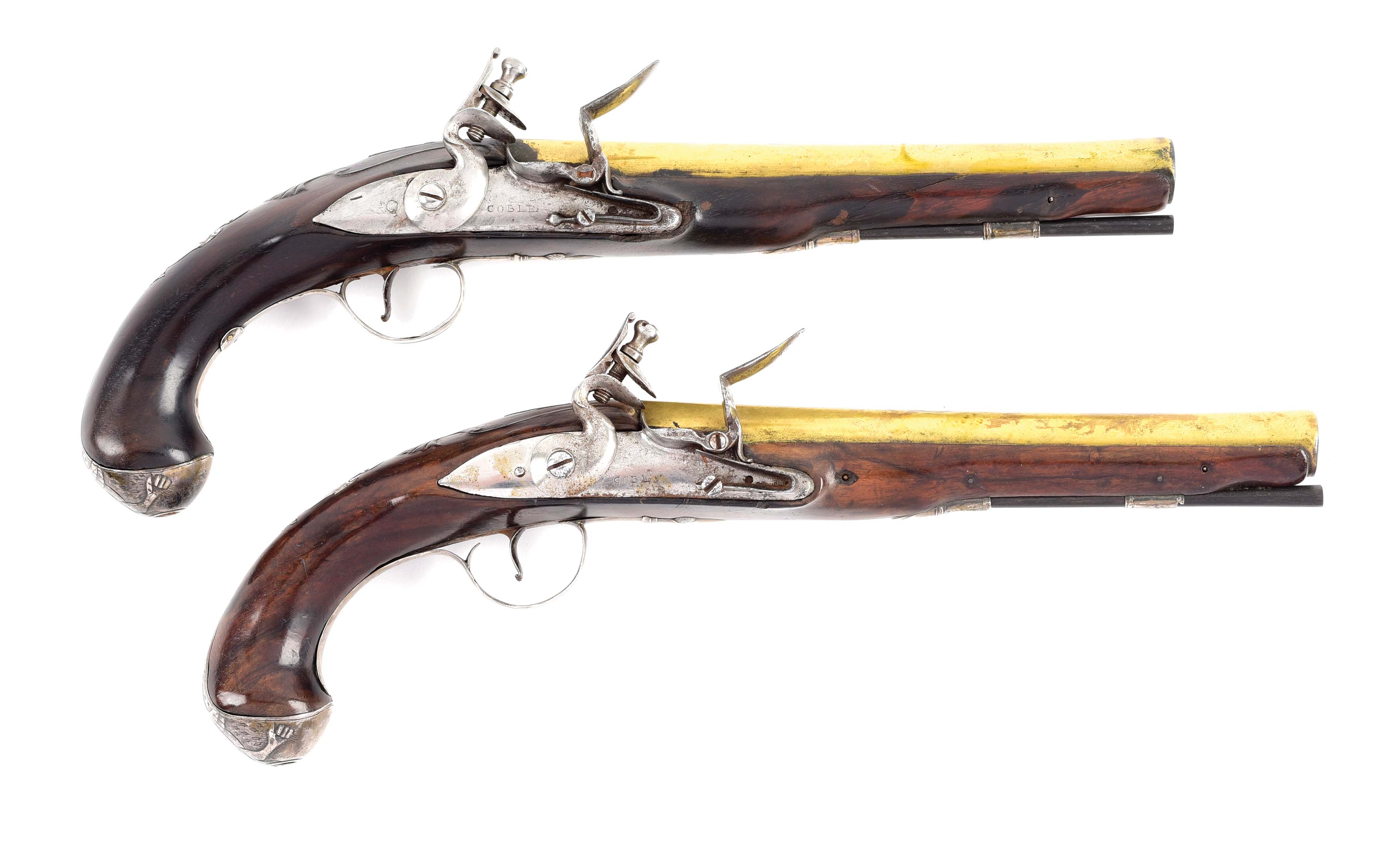(A) FINE PAIR OF SILVER MOUNTED OFFICER'S PISTOLS HALLMARKED HALBACH.