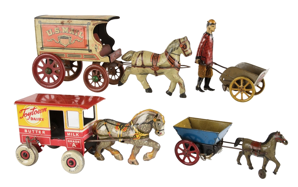 LOT OF 4: EARLY AMERICAN TIN LITHO MOSTLY HORSE-DRAWN TOYS.