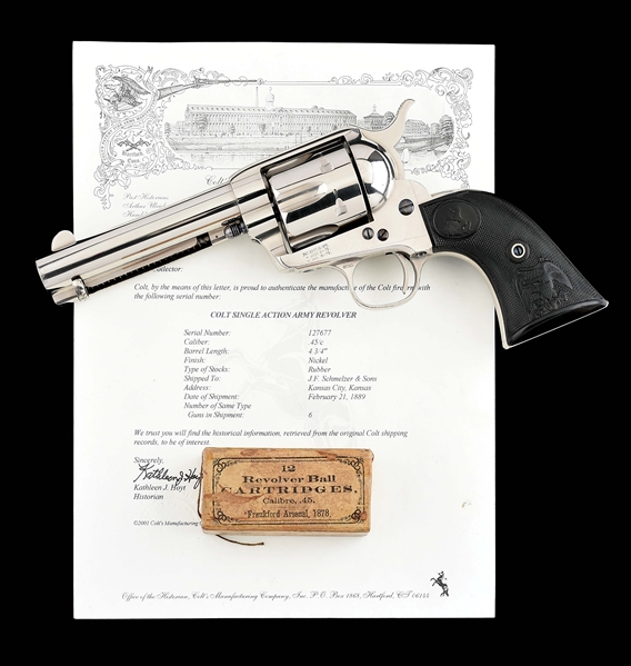 (A) BENCHMARK QUALITY ANTIQUE NICKEL PLATED COLT SINGLE ACTION ARMY REVOLVER WITH PERIOD AMMUNITION