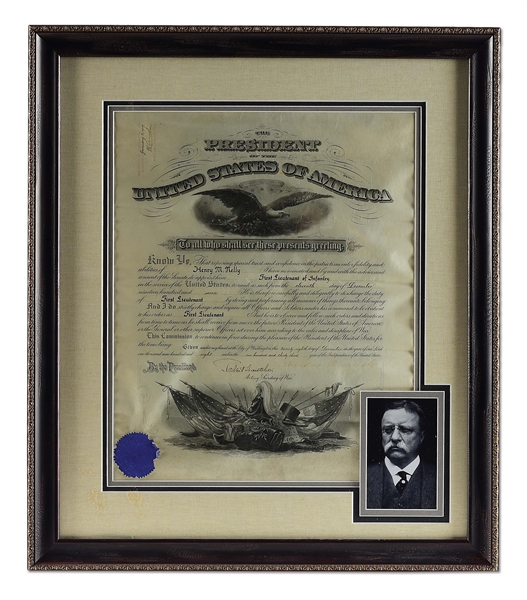 FRAMED INFANTRY LIEUTENANT APPOINTMENT DOCUMENT SIGNED BY THEODORE ROOSEVELT
