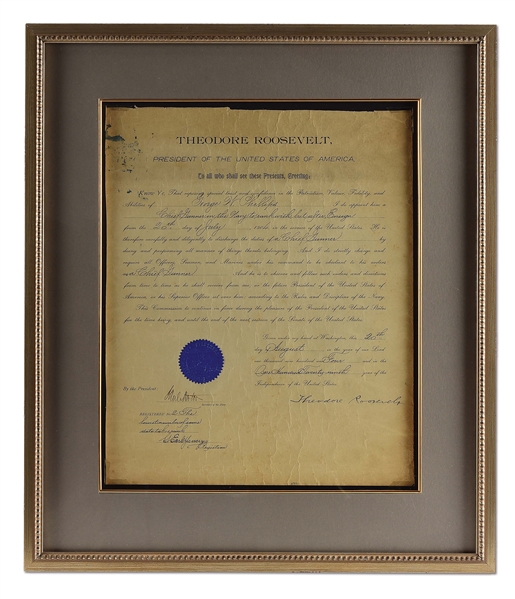 FRAMED NAVAL APPOINTMENT DOCUMENT SIGNED BY THEODORE ROOSEVELT