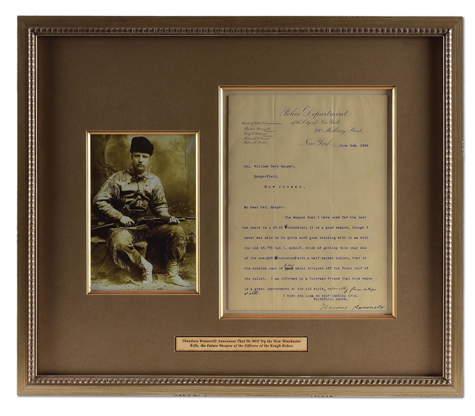 FRAMED LETTER REGARDING WINCHESTER RIFLES AND THE ROUGH RIDERS SIGNED BY THEORDORE ROOSEVELT