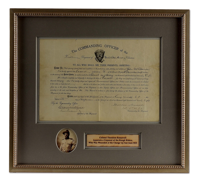 FRAMED ROUGH RIDER APPOINTMENT DOCUMENT SIGNED BY THEODORE ROOSEVELT