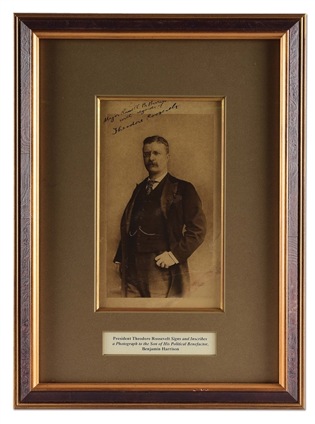 FRAMED AND SIGNED THEODORE ROOSEVELT PICTURE ADDRESSED TO RUSSELL B HARRISON