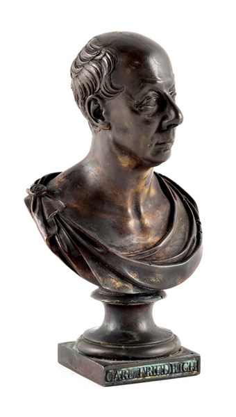 1818 DATED SMALL BRONZE BUST OF FRIEDRICH OF BADEN, SIGNED JOS KAYSER.
