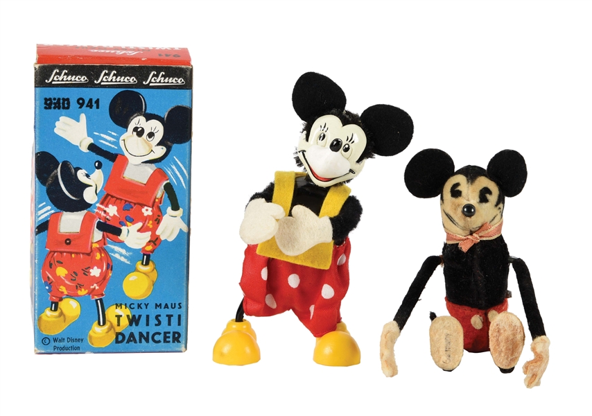 LOT OF 2: GERMAN SCHUCO WIND-UP WALT DISNEY MICKEY AND MINNIE MOUSE TOYS.