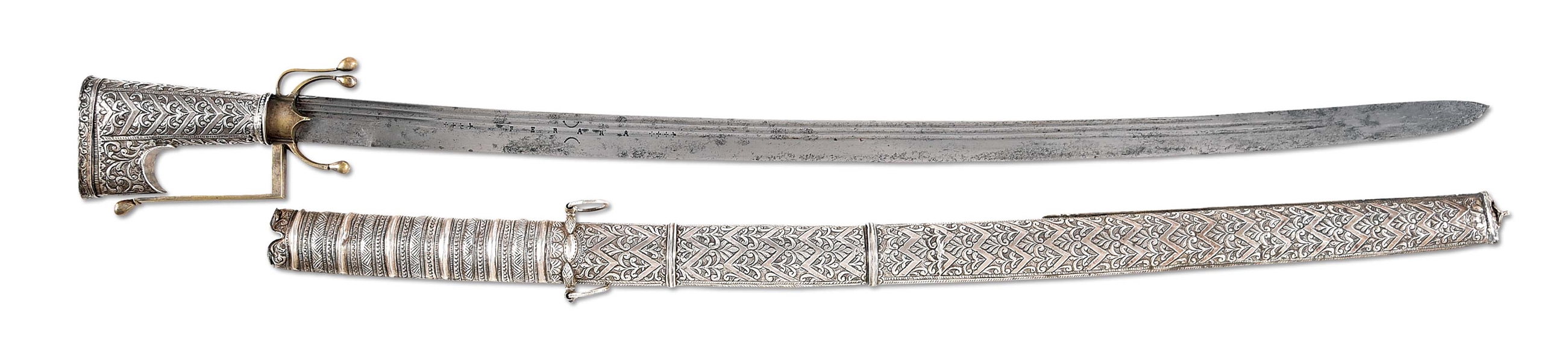 A GOOD NIMCHA WITH FERRARA BLADE AND MOUNTED IN A SHEET SILVER WRAPPED SCABBARD, LIKELY MOROCCAN.