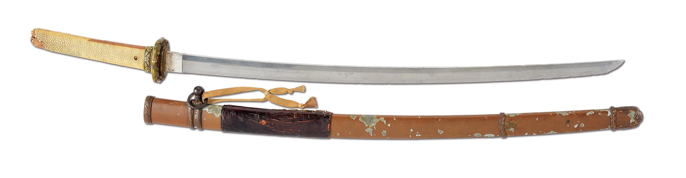 JAPANESE SAMURAI SWORD PRESENTED TO OFFICER IN 1937 WITH EXTENSIVE TANG INSCRIPTION.
