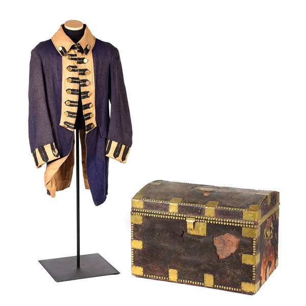 LOT OF 2: 18TH CENTURY TRUNK AND CENTENNIAL CONTINENTAL UNIFORM.