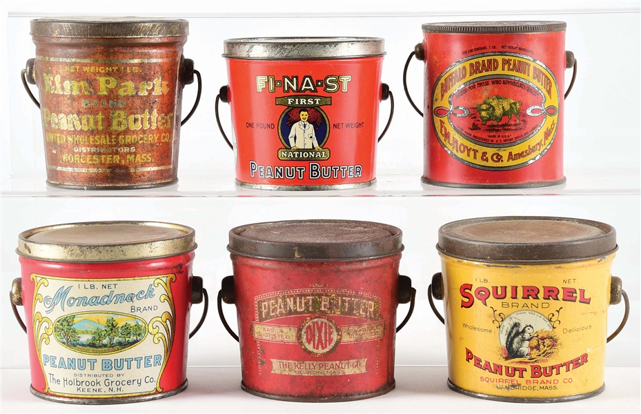 LOT OF 6: SMALL PEANUT BUTTER TINS.