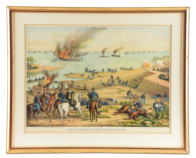 FRAMED "BATTLE BETWEEN THE MONITOR AND MERRIMAC" LITHOGRAPH.