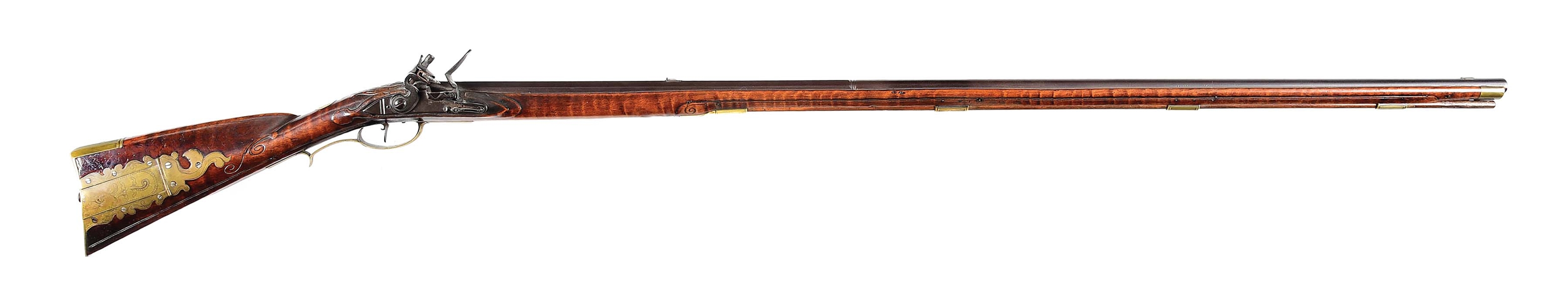(A) EARLY CARVED FLINTLOCK RIFLE ATTRIBUTED TO JOHN BONEWITZ.