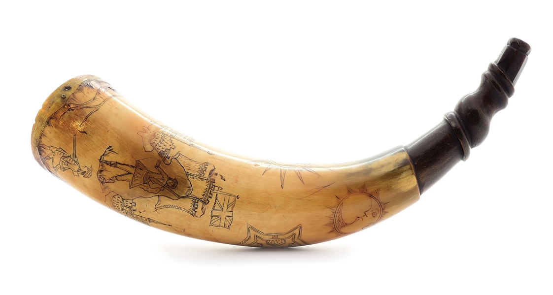 ENGRAVED POWDER HORN WITH A SOLDIER, FORT, AND STAG.