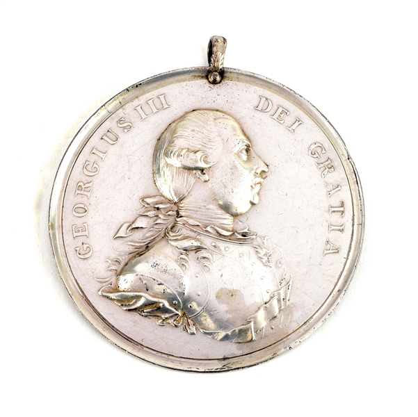 SCARCE LARGE 77MM SILVER GEORGE III INDIAN PEACE MEDAL, REVOLUTIONARY WAR PERIOD.