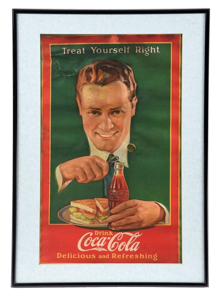 1920S COCA-COLA TREAT YOURSELF RIGHT FRAMED ADVERTISEMENT.
