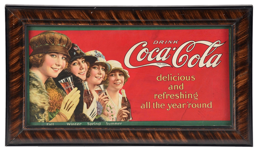 DRINK COCA-COLA ALL YEAR ROUND FRAMED TROLLEY SIGN.