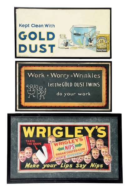 LOT OF 3: PAIR OF GOLD DUST AND WRIGLEYS FRAMED ADVERTISMENTS.