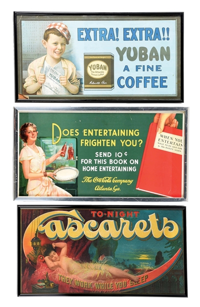 LOT OF 3: YUBAN COFFEE, CASCARETS AND COCA-COLA FRAMED ADVERTISMENTS.