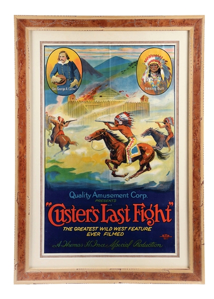 FRAMED ADVERTISING POSTER FOR "CUSTERS LAST FIGHT" PLAY.