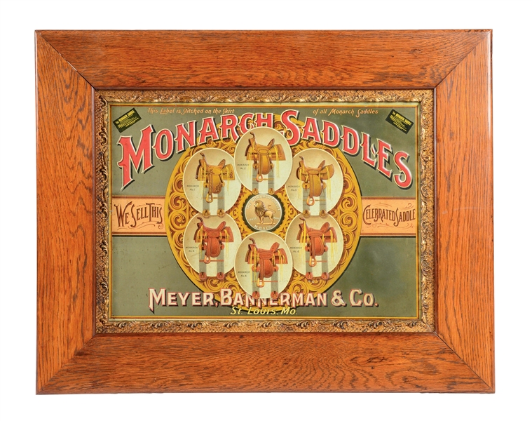 RARE AND EXCEPTIONAL MONARCH SADDLES FRAMED EMBOSSED SIGN.