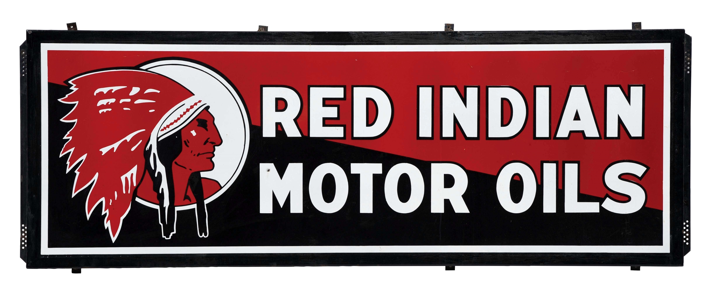 RARE RED INDIAN MOTOR OILS PORCELAIN SIGN W/ SELF FRAMED EDGE. 