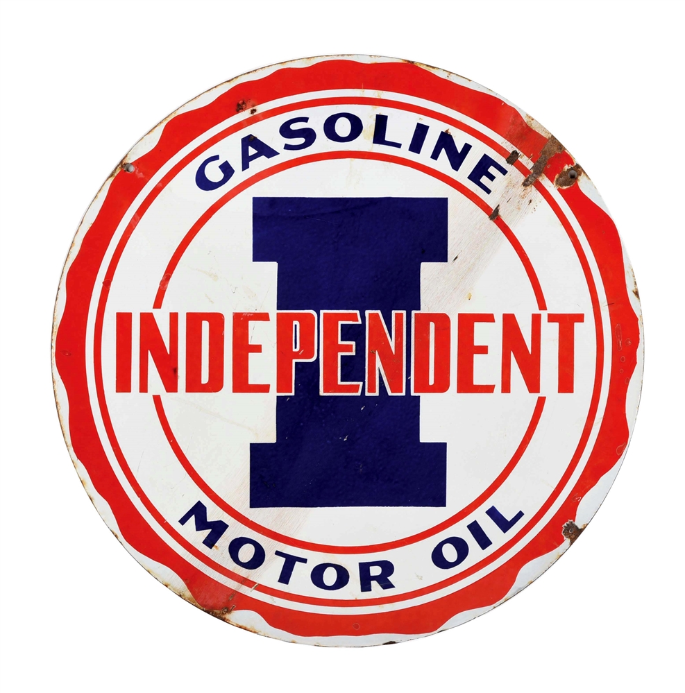 INDEPENDENT GASOLINE & MOTOR OIL PORCELAIN SERVICE STATION SIGN.