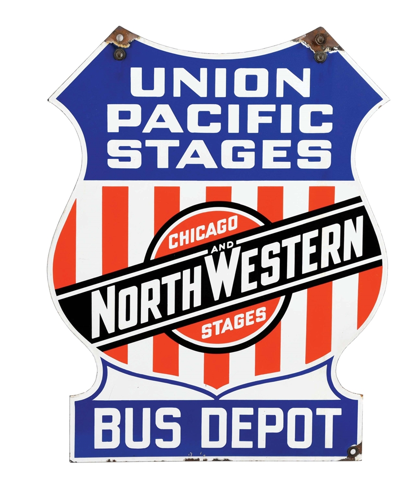RARE UNION PACIFIC CHICAGO & NORTHWESTERN STAGES DIE CUT PORCELAIN BUS DEPOT SIGN.