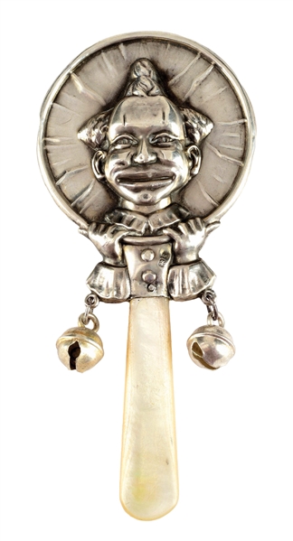 VICTORIAN STERLING SILVER BABY RATTLE BLACK MAN HOLDING RING.