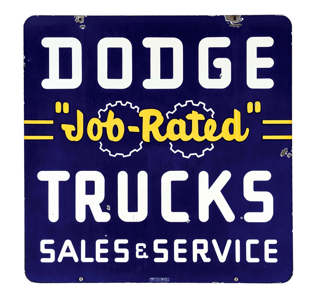 DODGE JOB RATED TRUCKS SALES & SERVICE PORCELAIN SIGN.