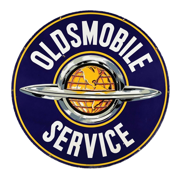OLDSMOBILE SERVICE PORCELAIN SIGN W/ GLOBE GRAPHIC. 