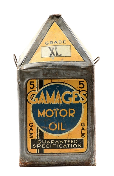 GAMAGES MOTOR OIL GIVE GALLON SQUARE CAN W/ CONE TOP. 