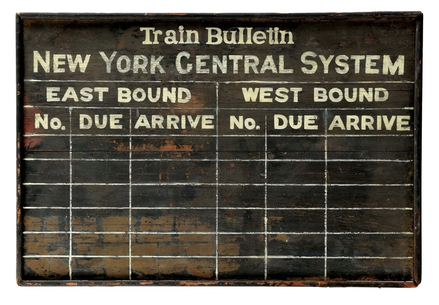 NEW YORK CENTRAL SYSTEM TRAIN BULLETIN BOARD.