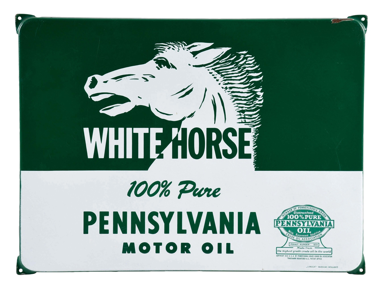 WHITE HORSE MOTOR OIL PORCELAIN SIGN W/ HORSE GRAPHIC.  