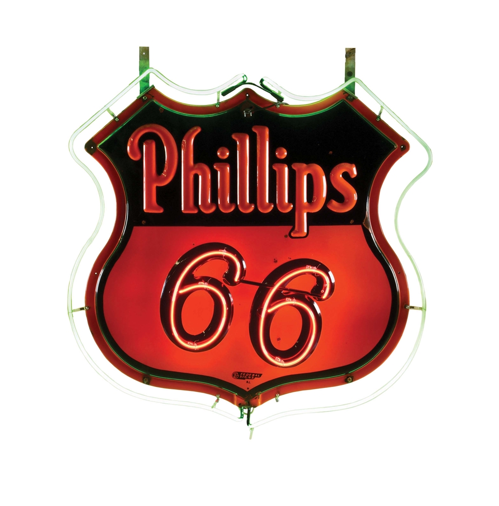 PHILLIPS 66 GASOLINE EMBOSSED PORCELAIN DOUBLE SIDED NEON SIGN. 